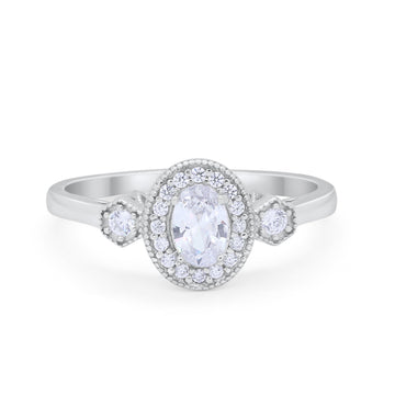 Oval Art Deco Engagement Ring Round Simulated CZ 925 Sterling Silver